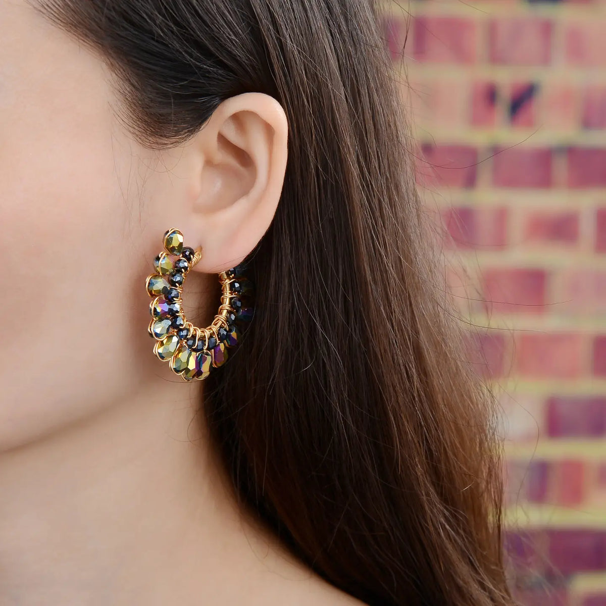 Fan Crescent Stud Beaded Earrings