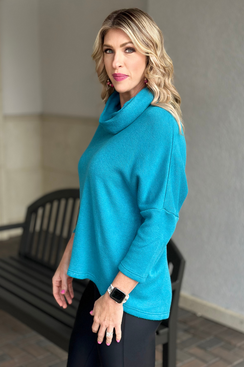 Boho Chic Teal Button Back Cowl Neck Sweater