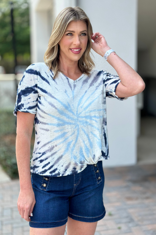 Charlie B Sky Printed Linen Top with Front Twist Knot