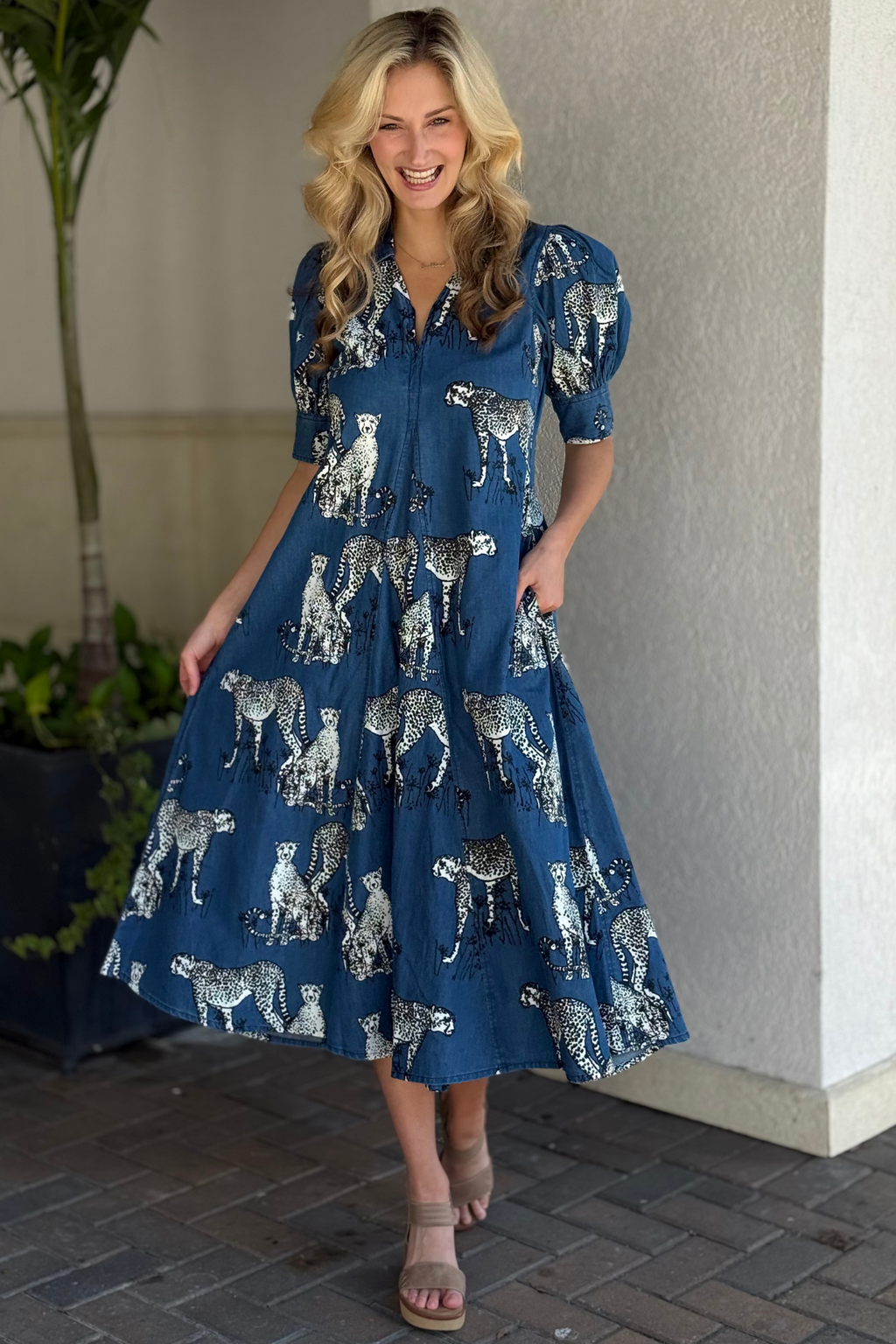 Order Dizzy Lizzie The Montauk Denim Cats Midi Dress Online | The Pink Nickel – Women's Clothing Boutique