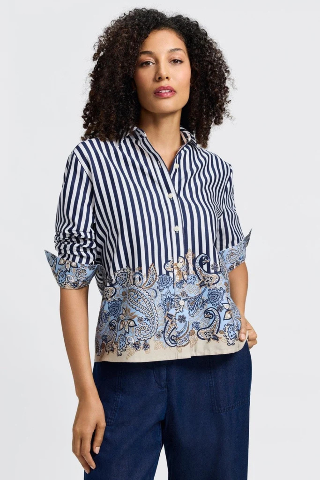 Navy Stripe Paisley Button Down Shirt – Women's Foxcroft Style Top