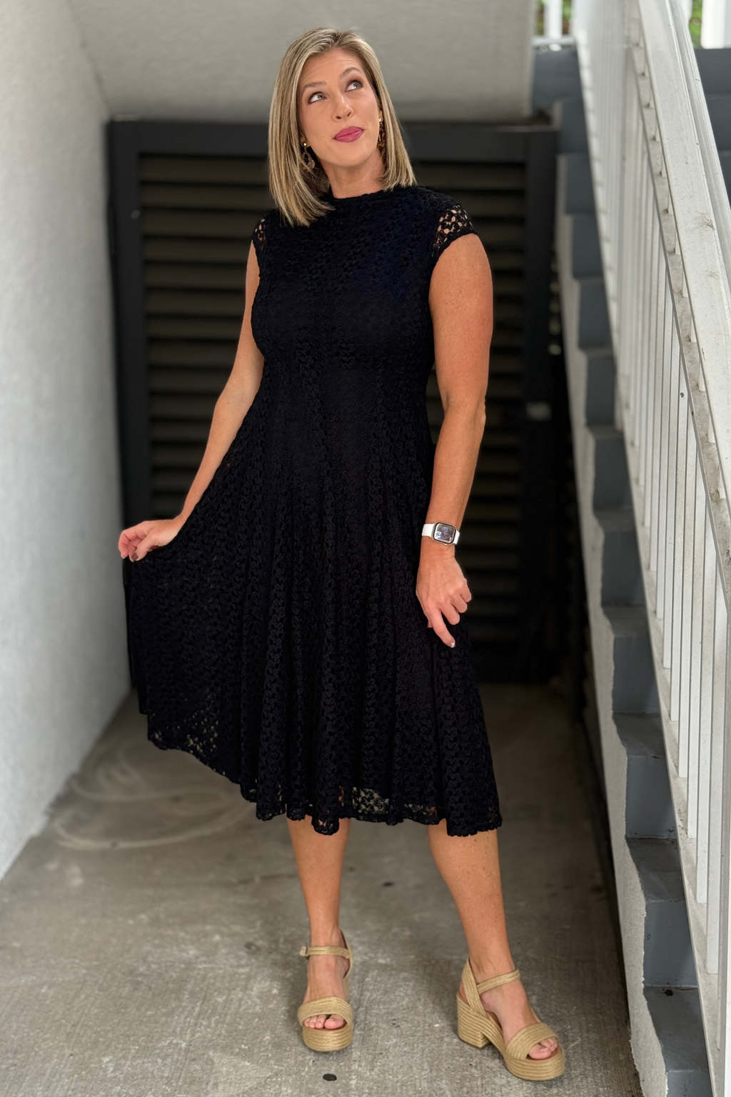black pink lace dress Frank Lyman Midi A-Line | The Nickel – Women's Clothing Boutique prom dress with pockets line tulle gown promises Elisanya Black Glitter Sequin Color:RED-2