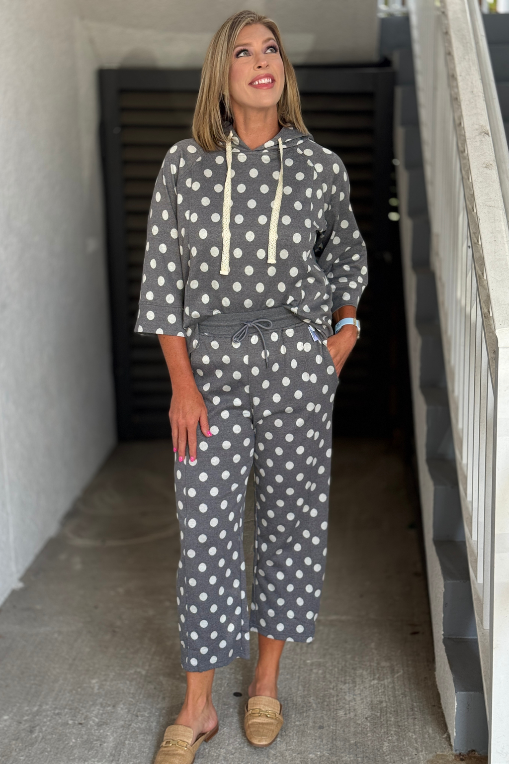 Perfectly Polished Polka Dot Lounge Set in Grey – Women's Clothing