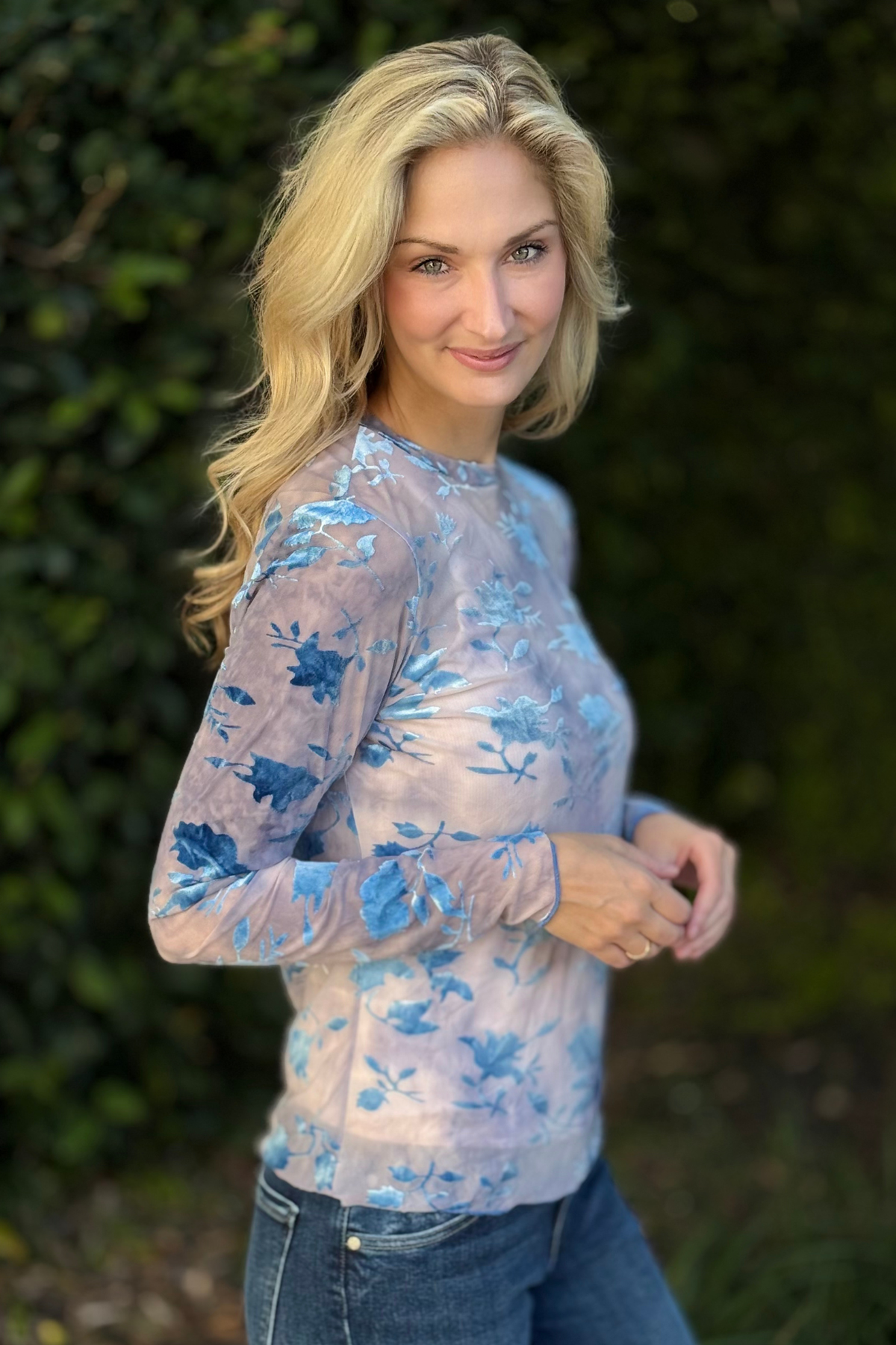 Lightweight floral mesh layering top for women
