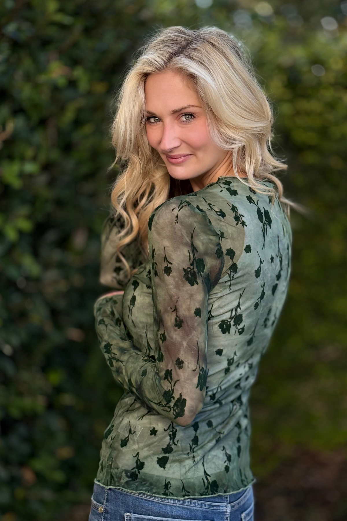 Long sleeve olive green burnout mesh top layered look