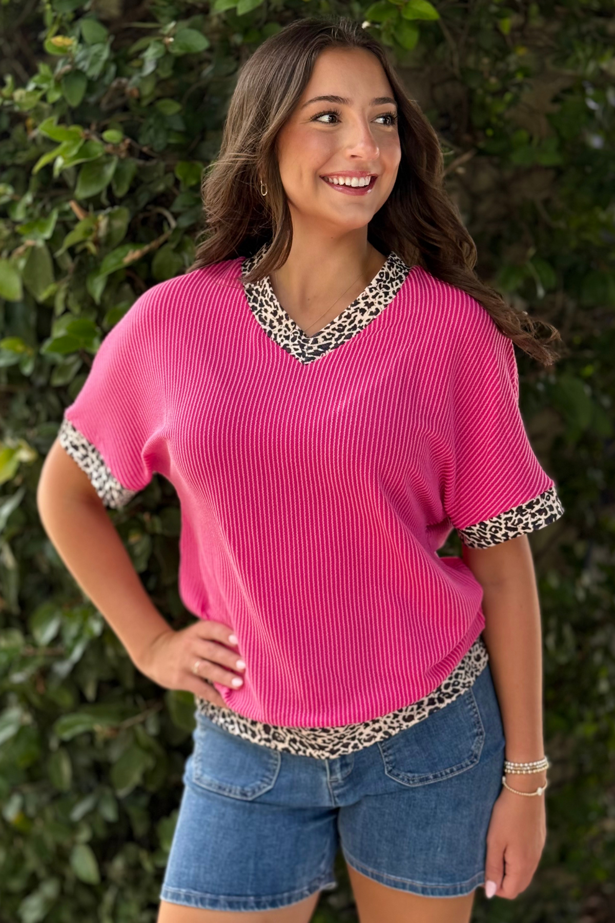The Bold Blend Ribbed Leopard Contrast Top