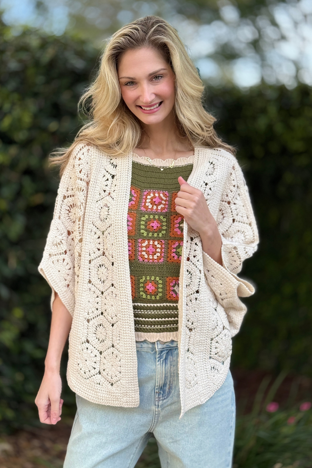 トップス UNUSED Silk hole Knit Cardigan sax 3 Tribal Natural Crochet Open-Front Cardigan | The Pink Nickel