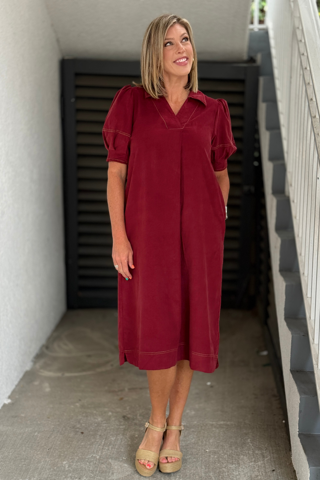 Bordeaux Charm Corduroy Midi Dress | Burgundy Fall Dress – Women's Clothing Boutique