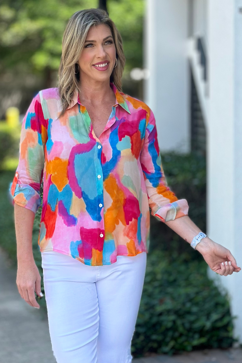 APNY Vibrant Abstract Print Button Up Top