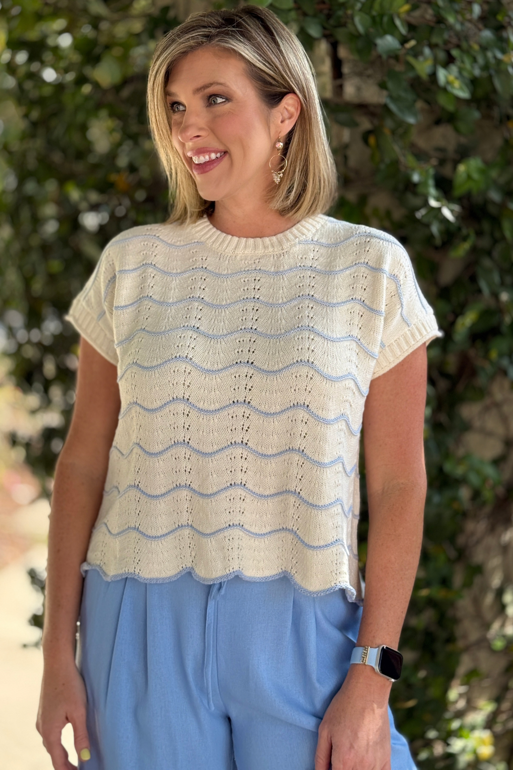 Scalloped Stripe Short Sleeve Knit Sweater Top | Boutique Spring