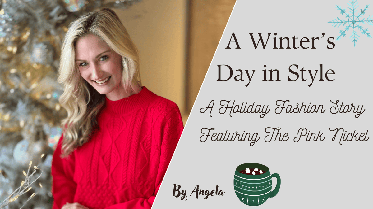 Banner with Blog title text A Winter’s Day in Style and Woman wearing a red sweater standing in front of a decorated Christmas tree.
