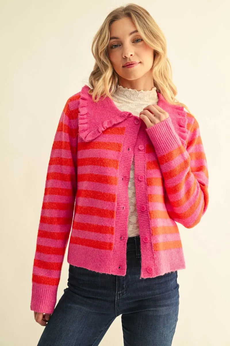 Hot Pink & Orange Stripe Ruffle Collar Cardigan