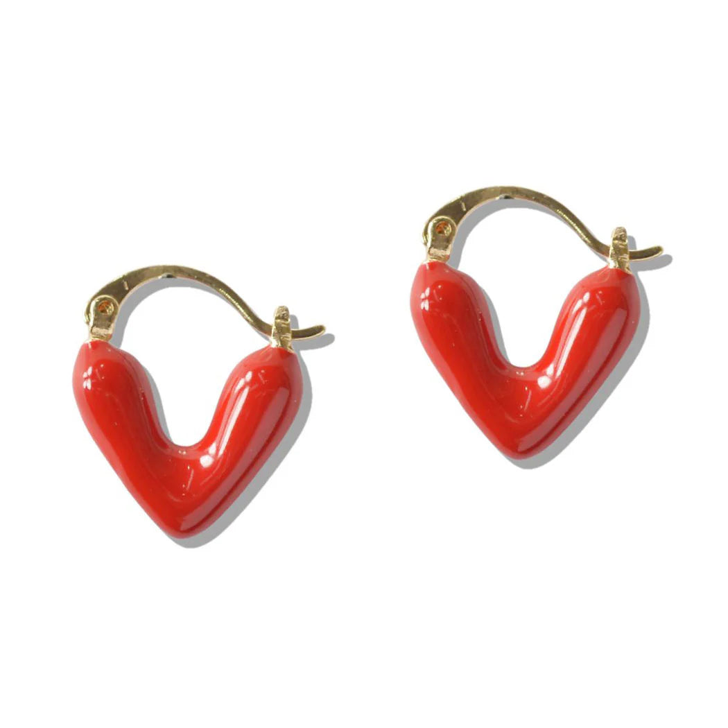True Red Enamel Heart Huggie Hoops