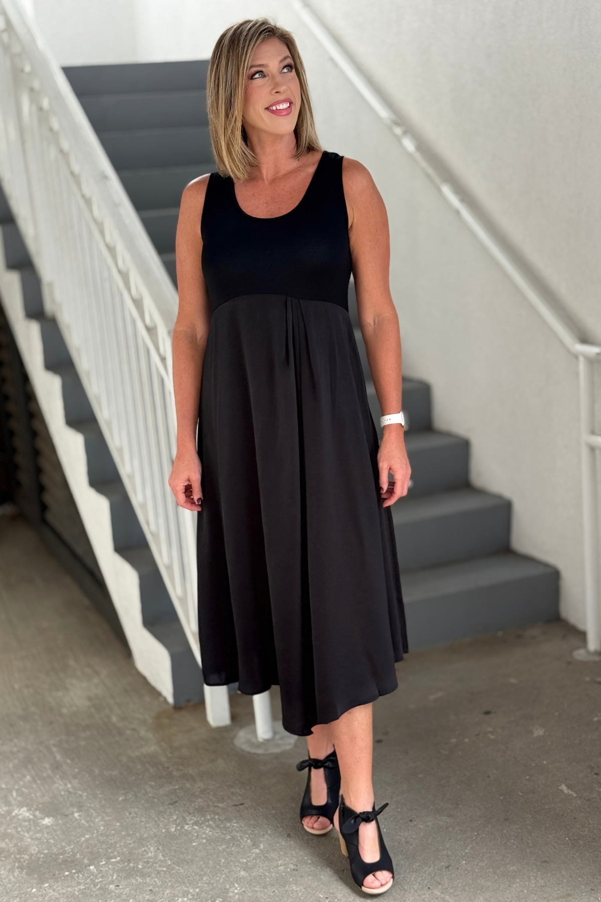 Every Occasion Black Knit and Satin Midi Dress front view