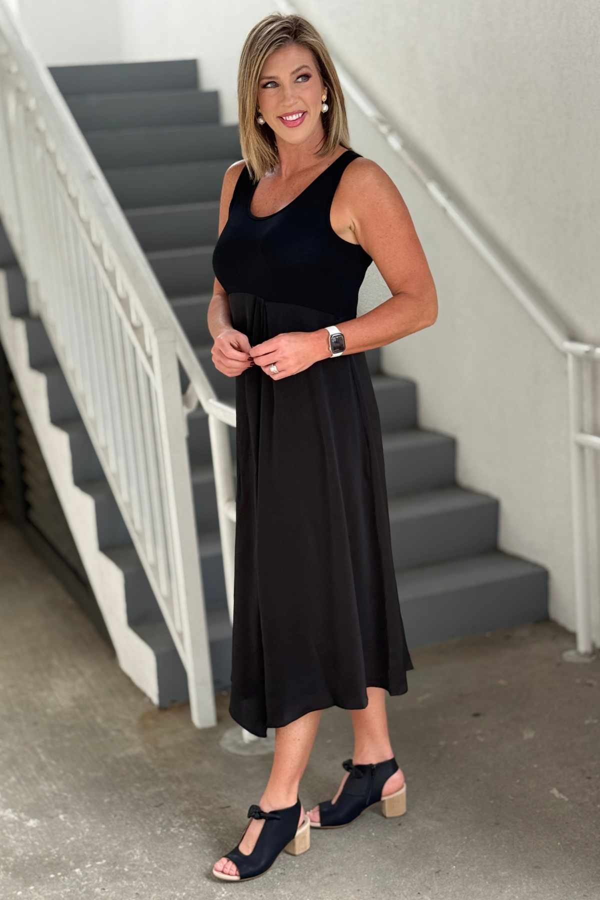 Black layering midi dress with scoop neckline
