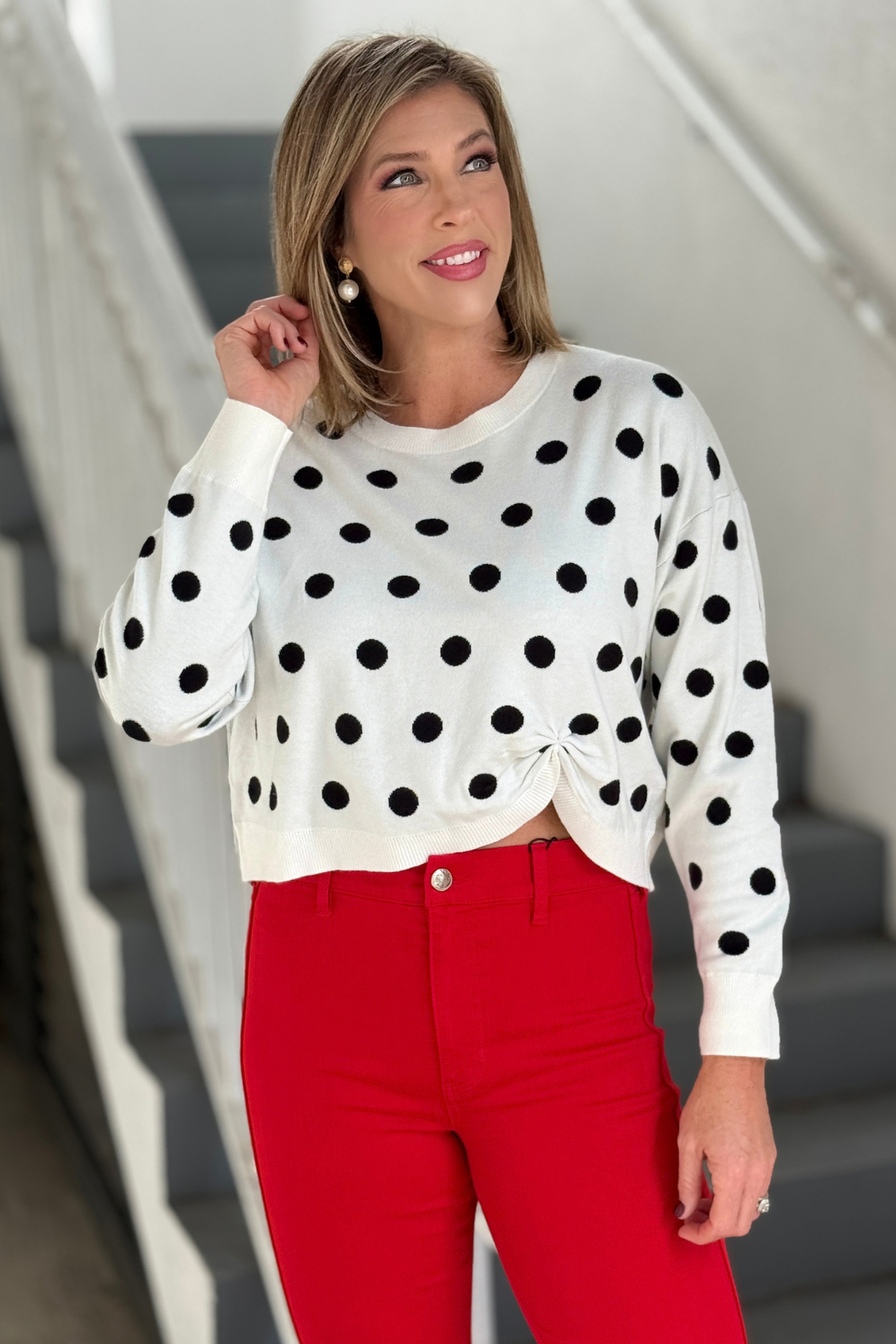 Spot On Ivory Polka Dot Front Knot Sweater front view
