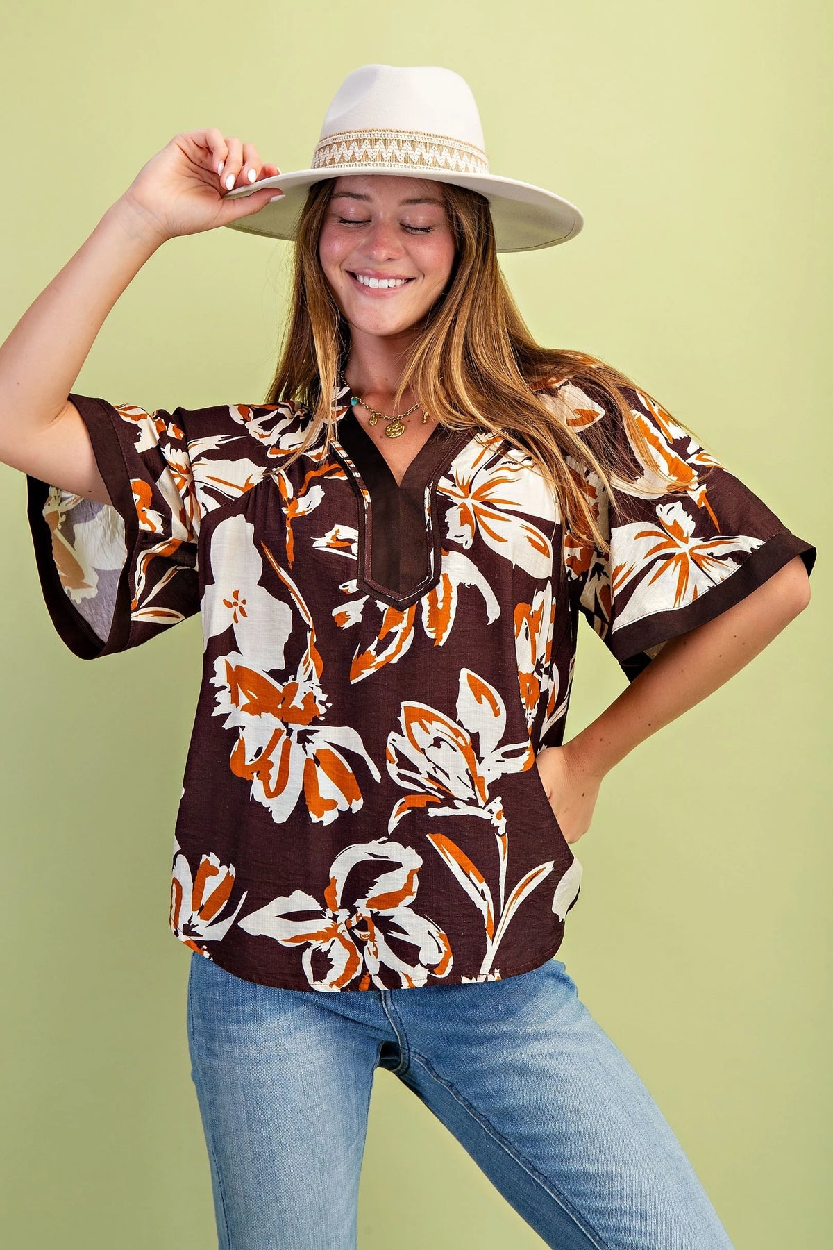 Pre-Order Floral V-Neck Top with Accent Satin Border Details