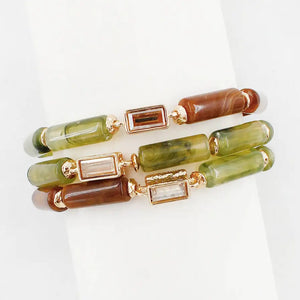 Olive and mocha marbled stretch bracelet set with crystal accents