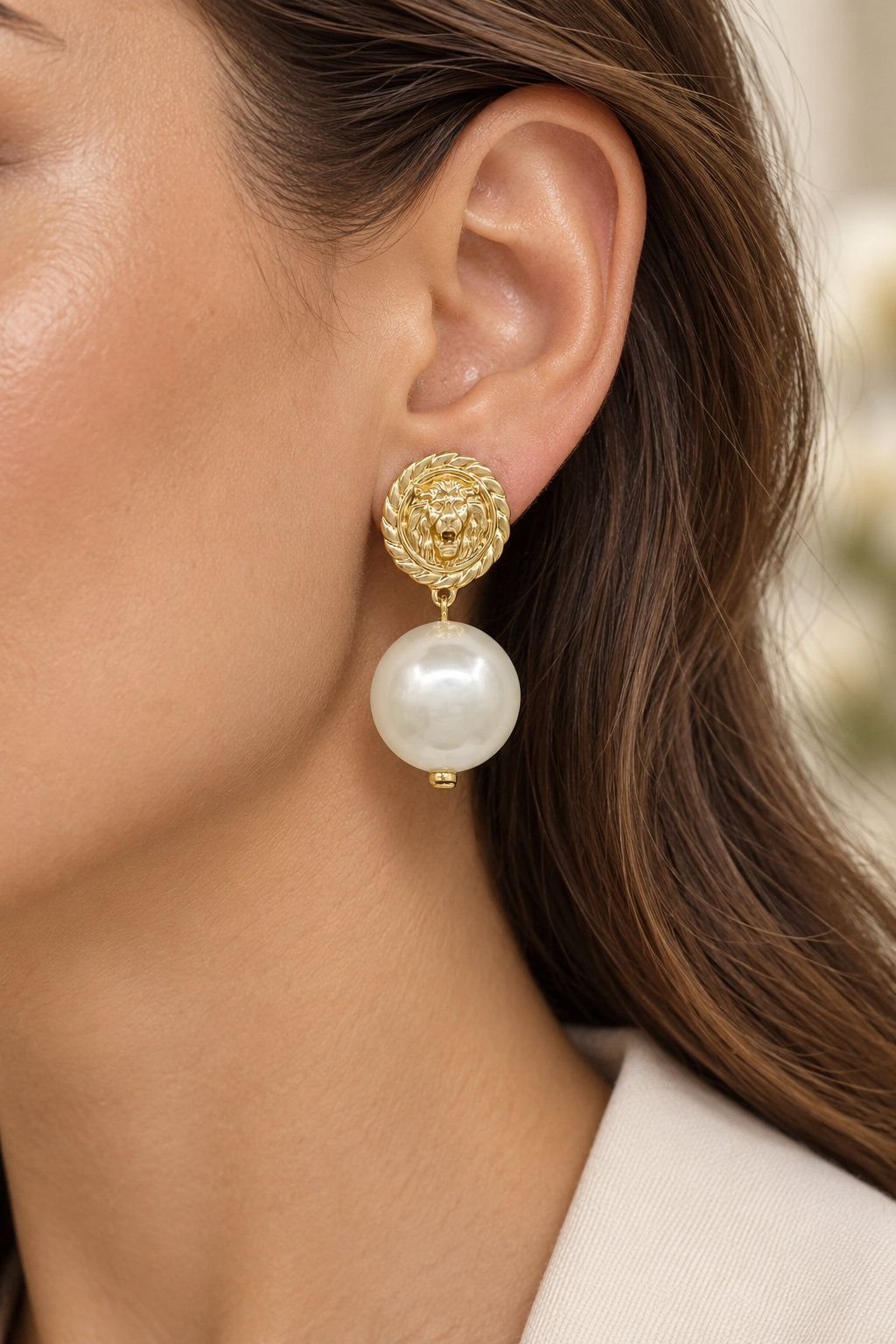 Lion Coin Pearl Drop Earrings with gold-tone finish