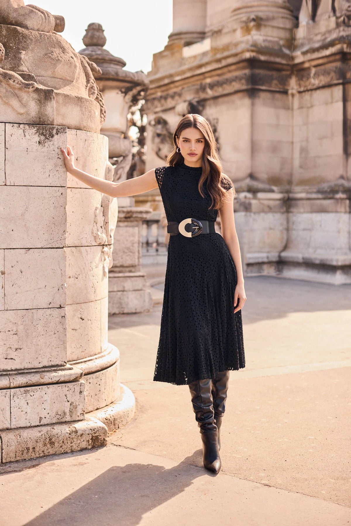 Black Frank Lyman lace midi dress with high neckline and cap sleeves