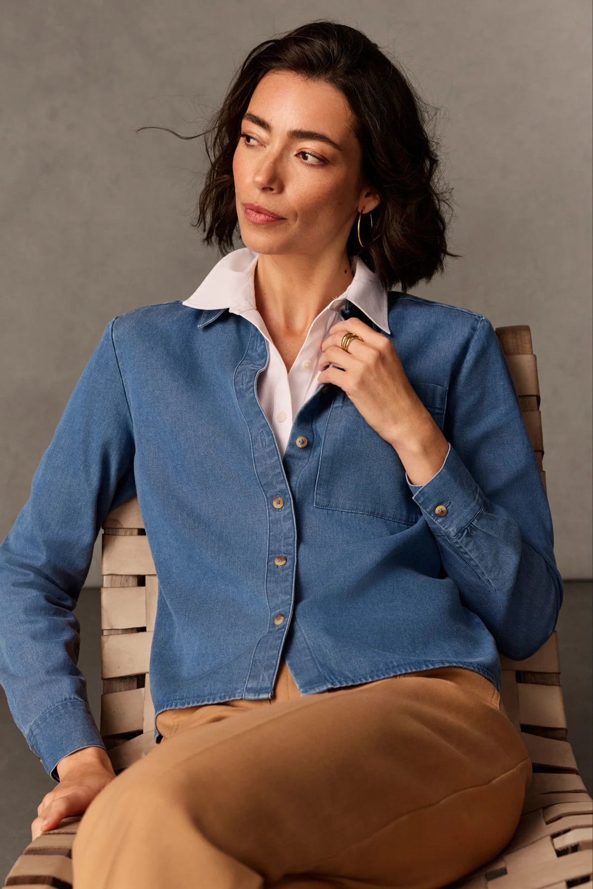 Foxcroft light wash denim shirt with oversized pocket