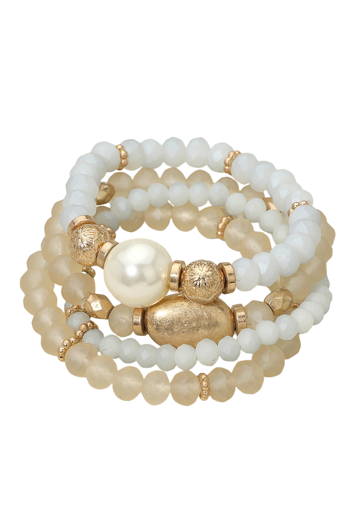 4-piece pearl accented faceted beaded bracelet set displayed togethe
