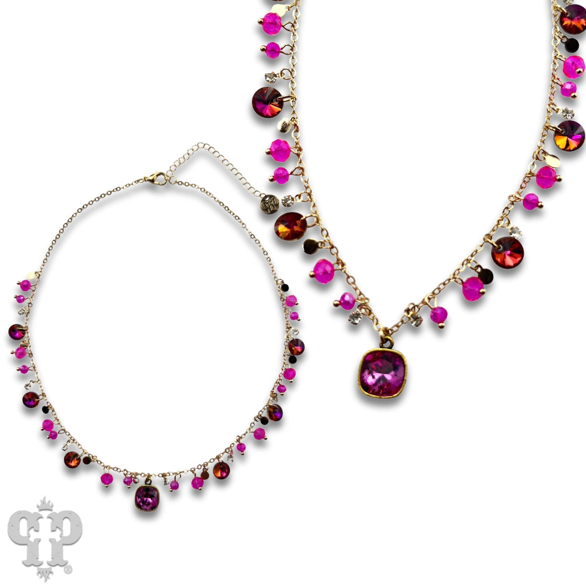 Pink Sunset Sparkle Rhinestone Drop Necklace with Austrian Crystal Pendant