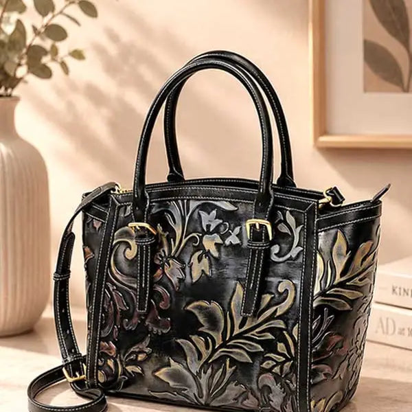Cassie Genuine Leather Tooled Floral Tote Bag – Black