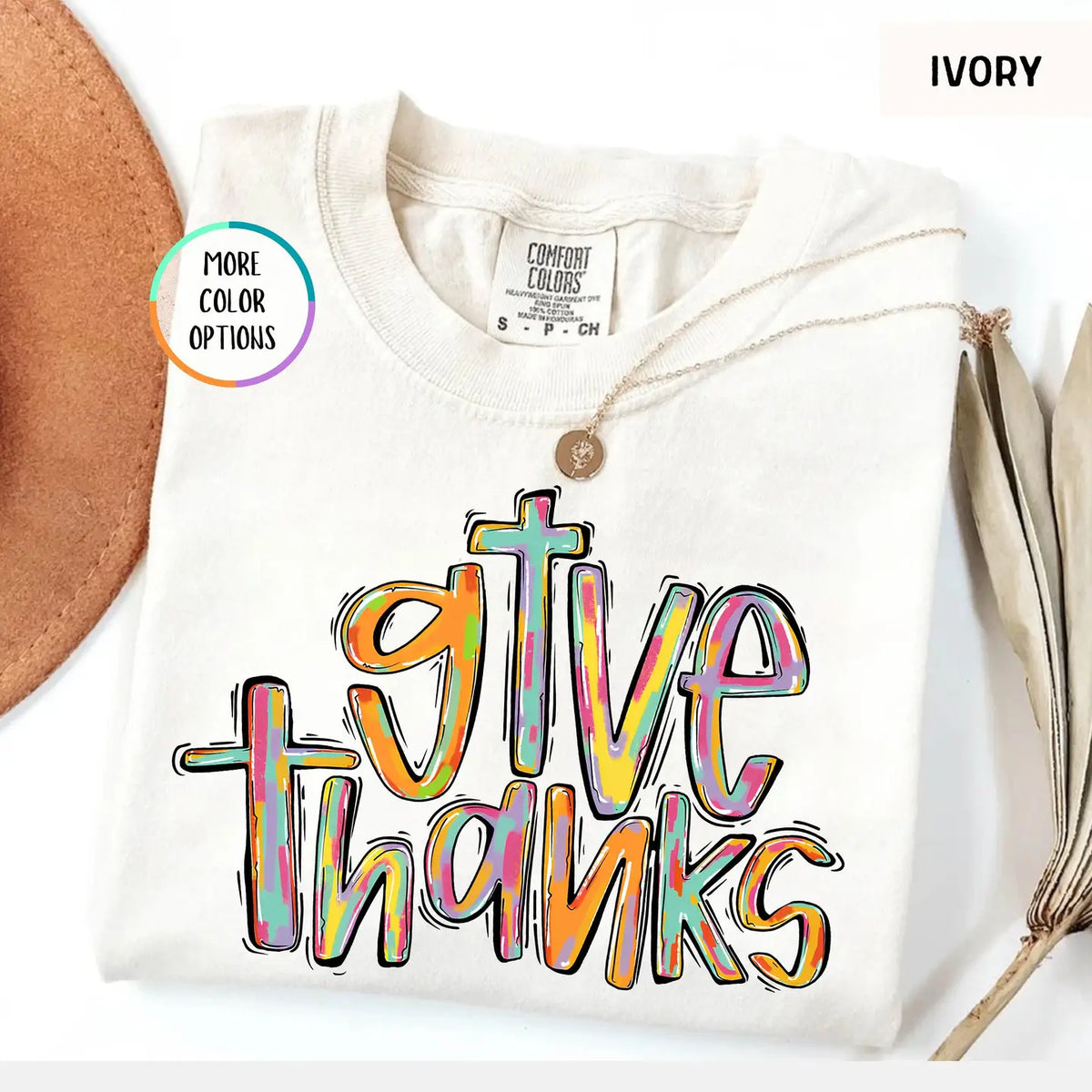 Front view of Comfort Colors Give Thanks Shirt in Black with cross detail