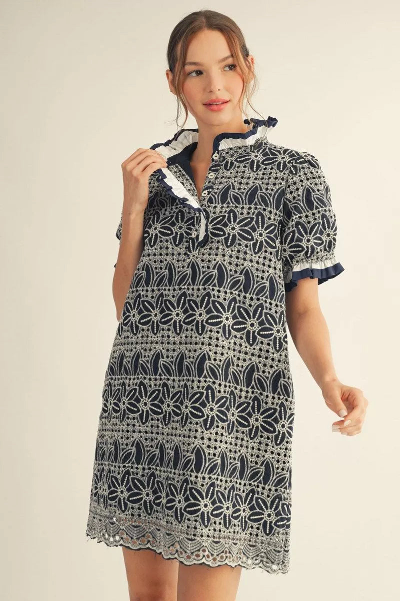 Navy Garden Eyelet Lace Puff Sleeve Dress