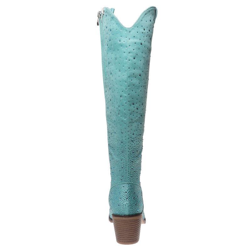 Women's teal rhinestone cowboy boots with tall shaft