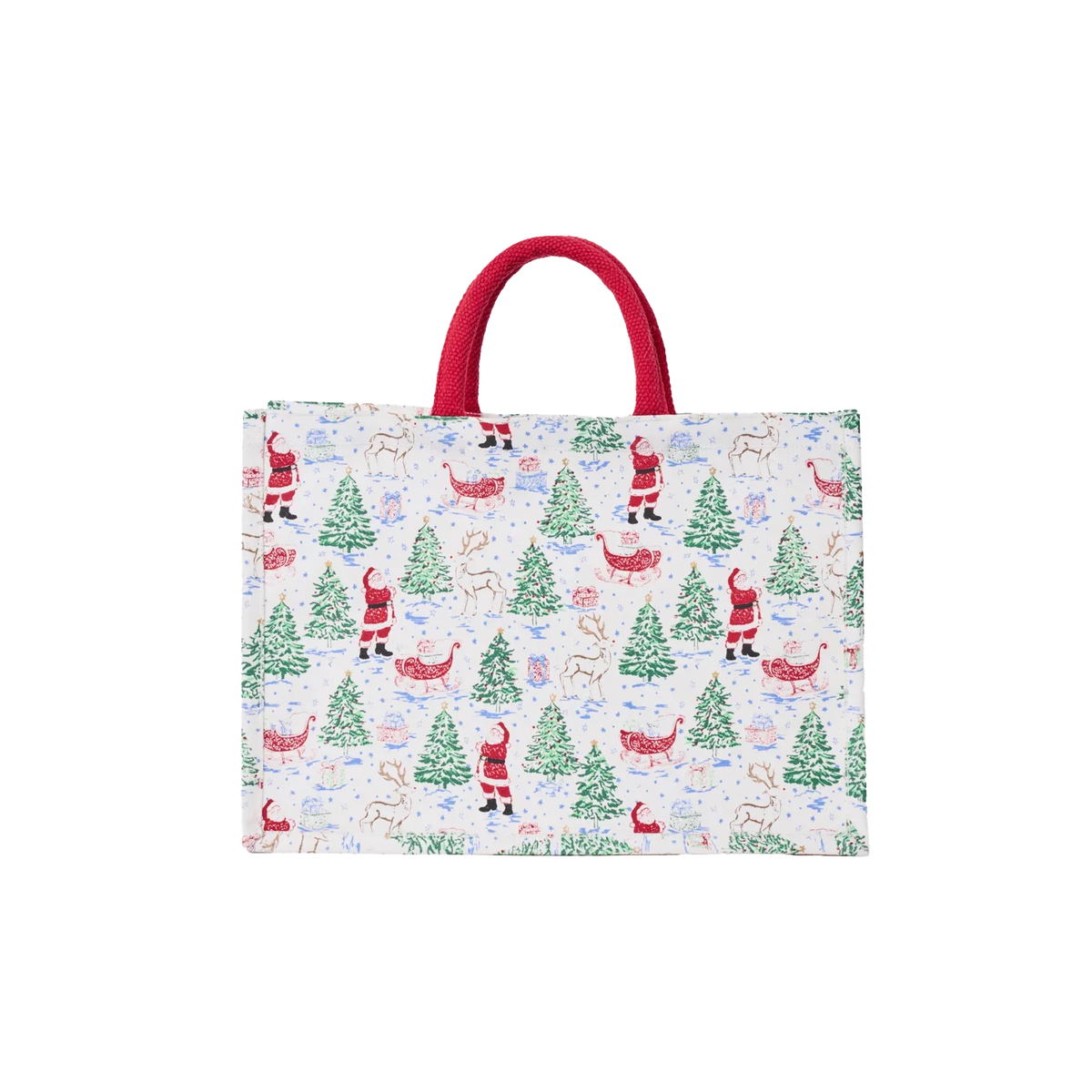 Mary Square Classic Market Shopper in Tidings & Toile
Christmas toile market tote with Santa and reindeer
Mary Square holiday shopper with red handles
Tidings and Toile Christmas reusable shopping bag
Christmas tote featuring Santa sleighs trees and reindeer