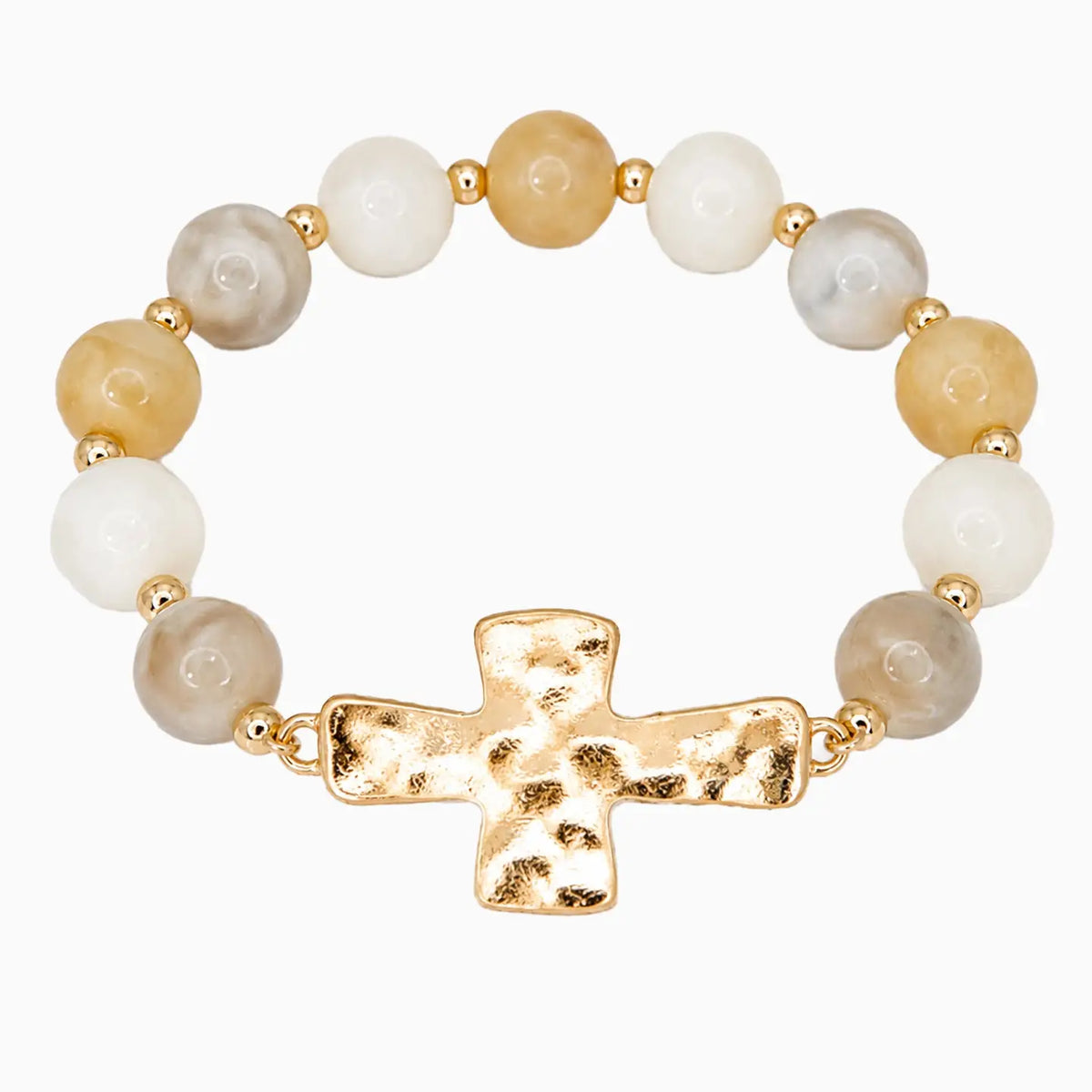 Hammered Cross Beaded Stretch Bracelet – Ivory
