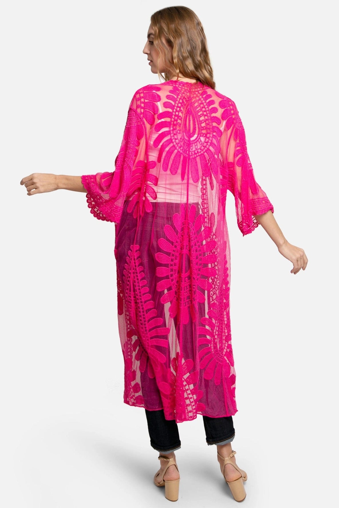 Charlotte Floral Embroidered Lace Kimono – Hot Pink