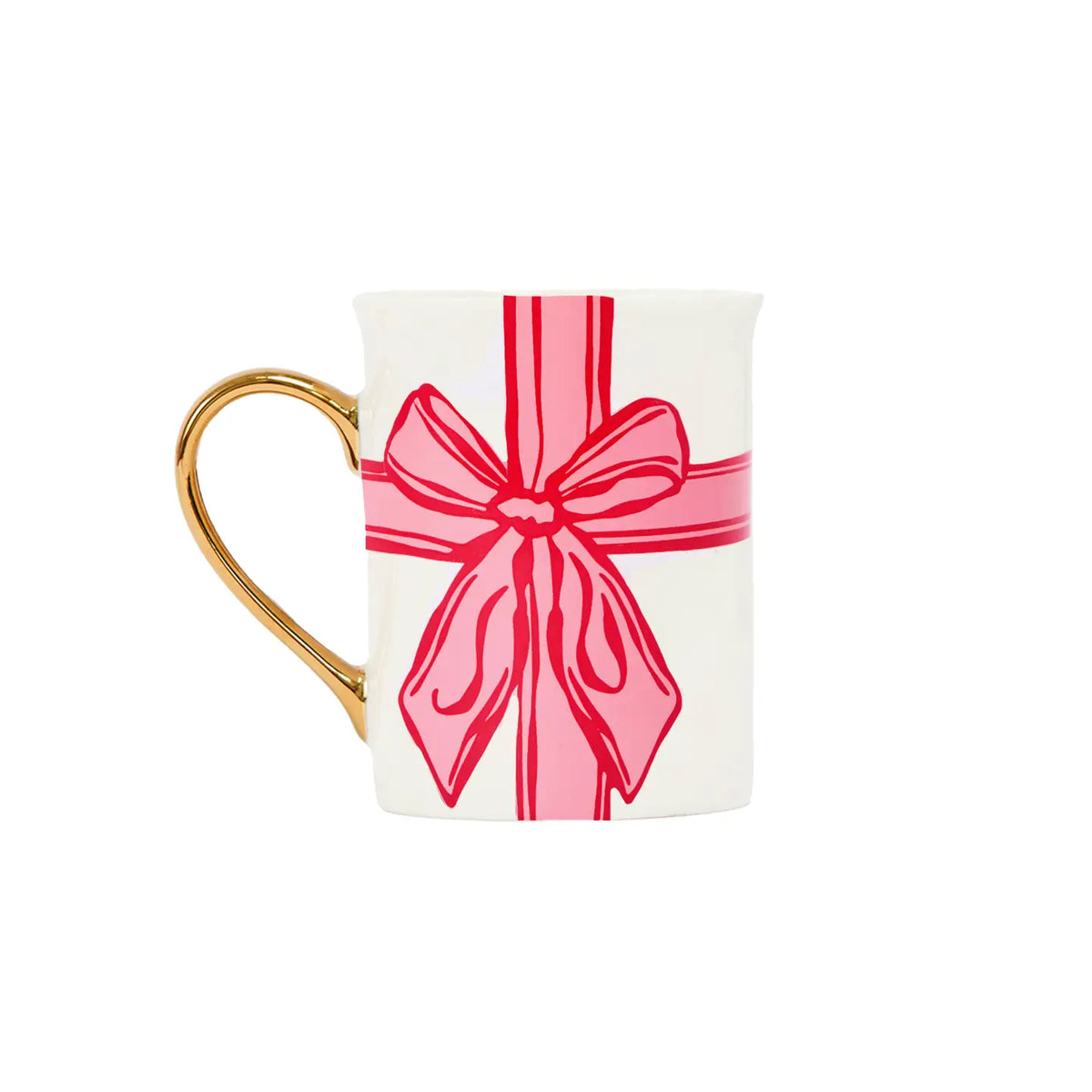 Mary Square Peppermint Present Christmas mug with gold handle
Pink bow Christmas coffee mug by Mary Square
White holiday mug with pink wrapped present design and gold handle