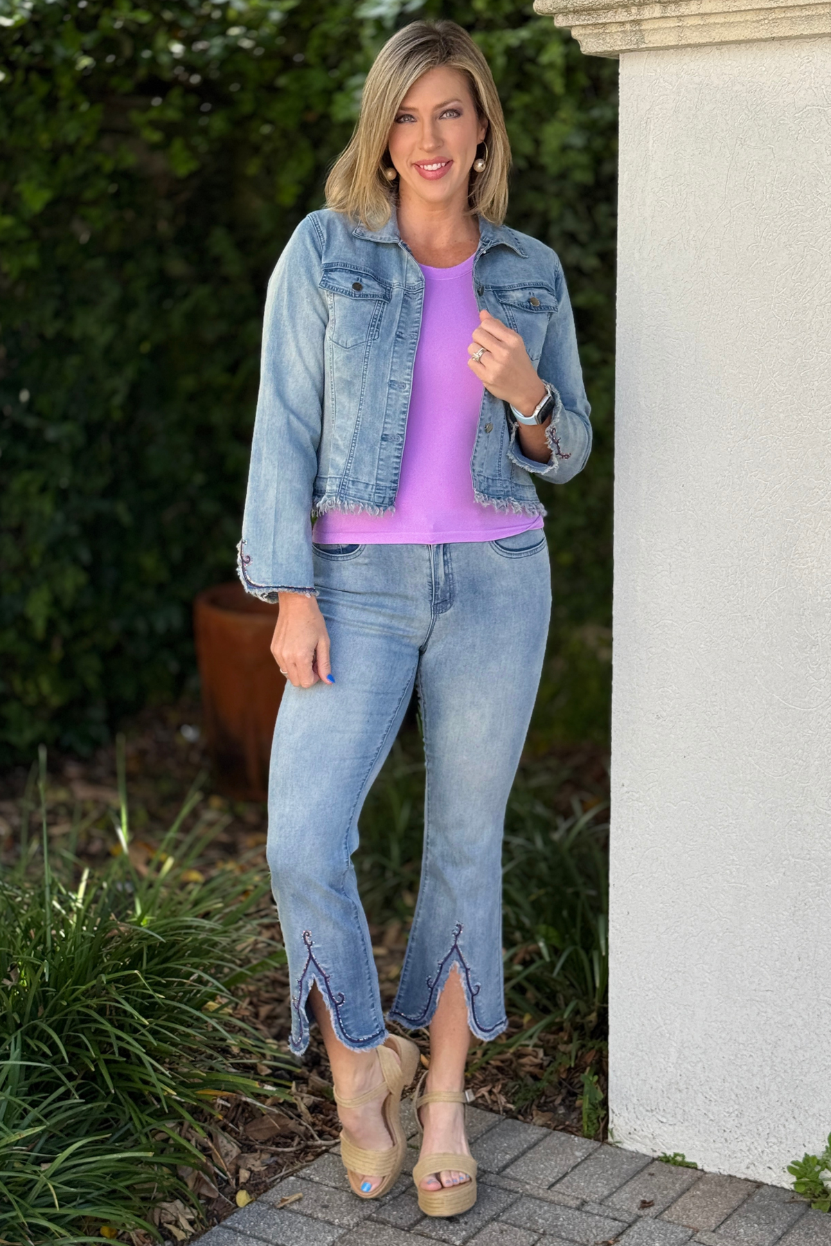 denim jeans with ankle cutout detail