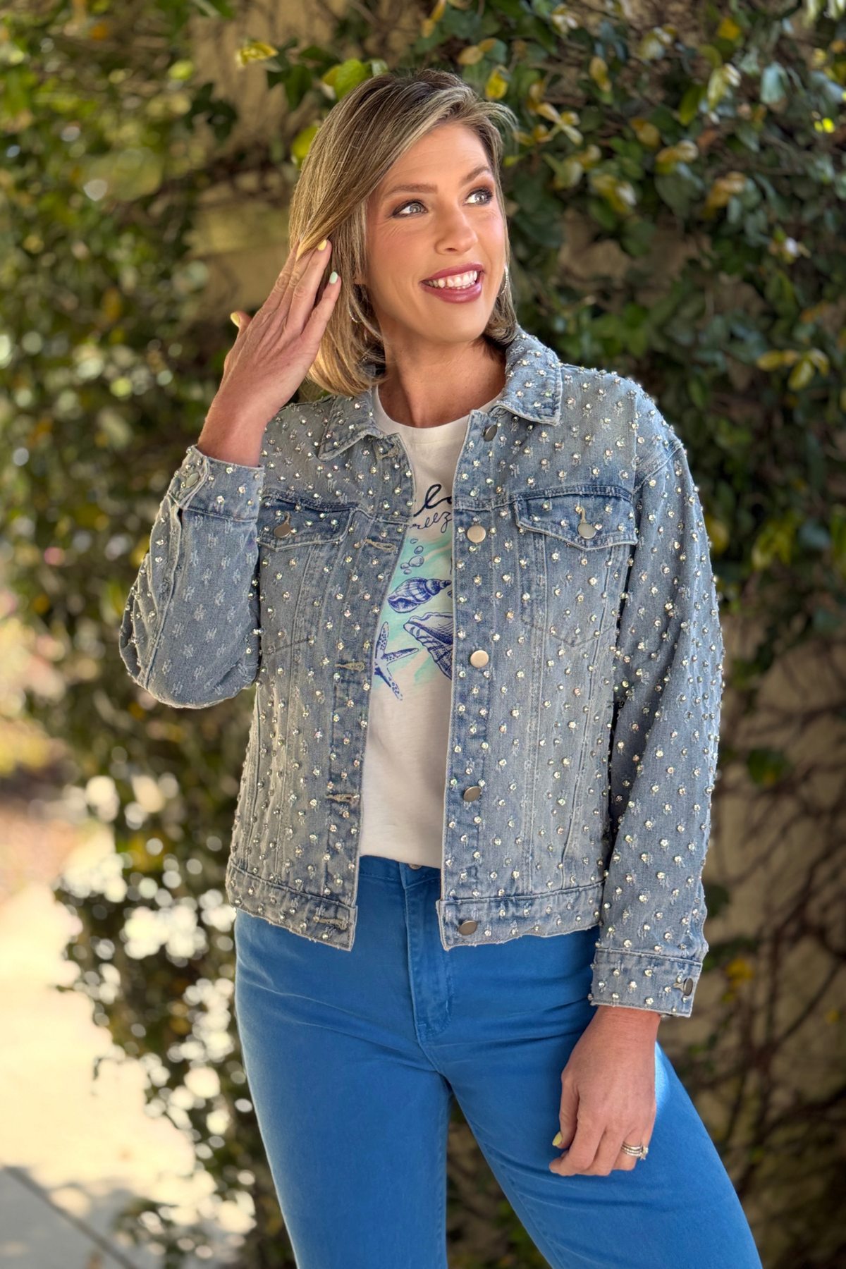 oversized denim jacket with front embellishments styled outfit
