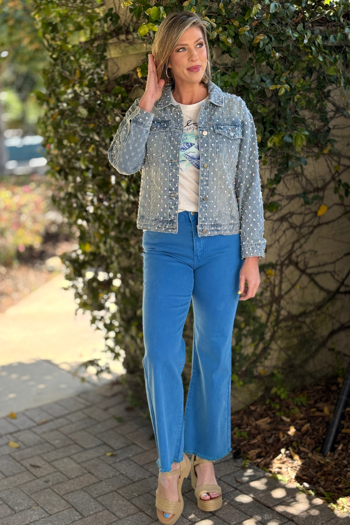 side view statement denim jacket with sparkle detail