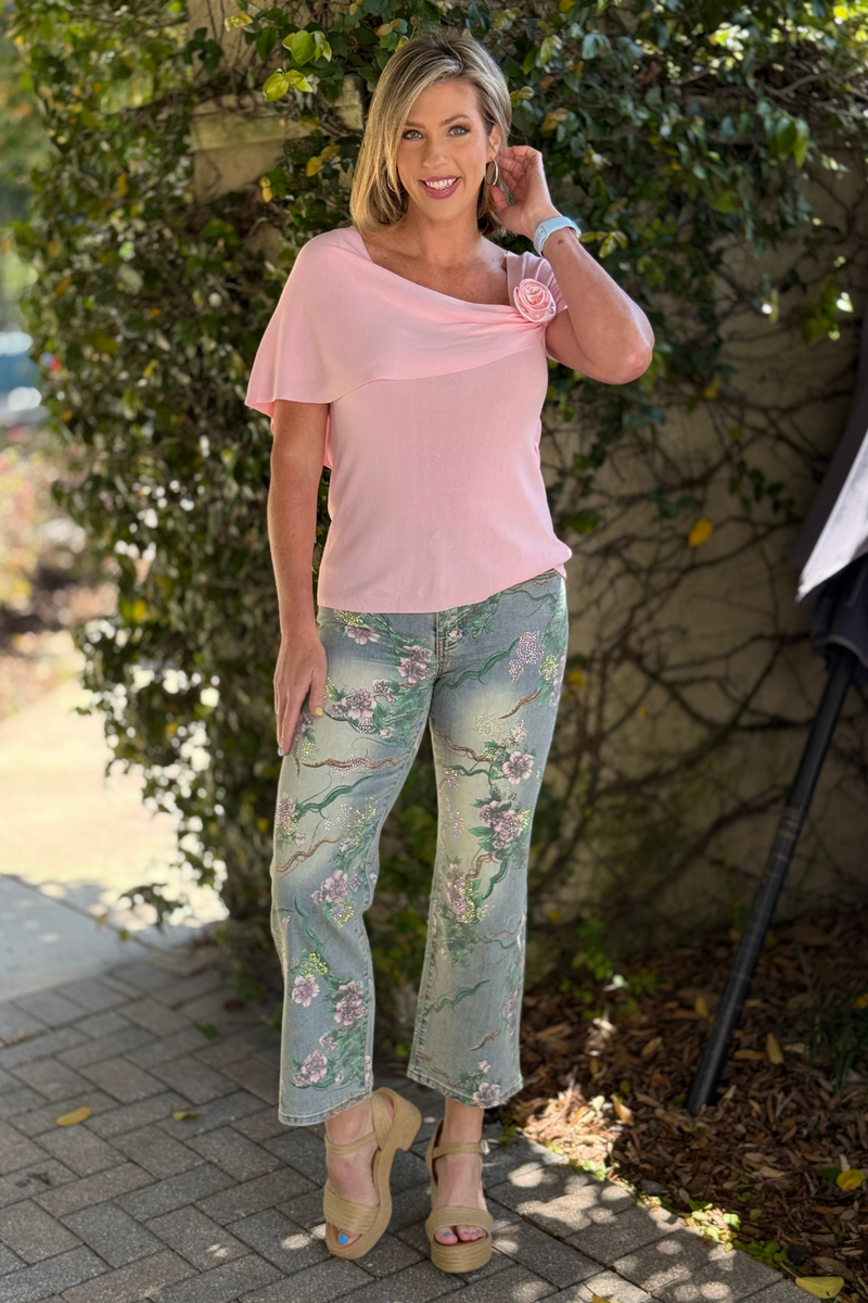 light wash jeans with floral print detail