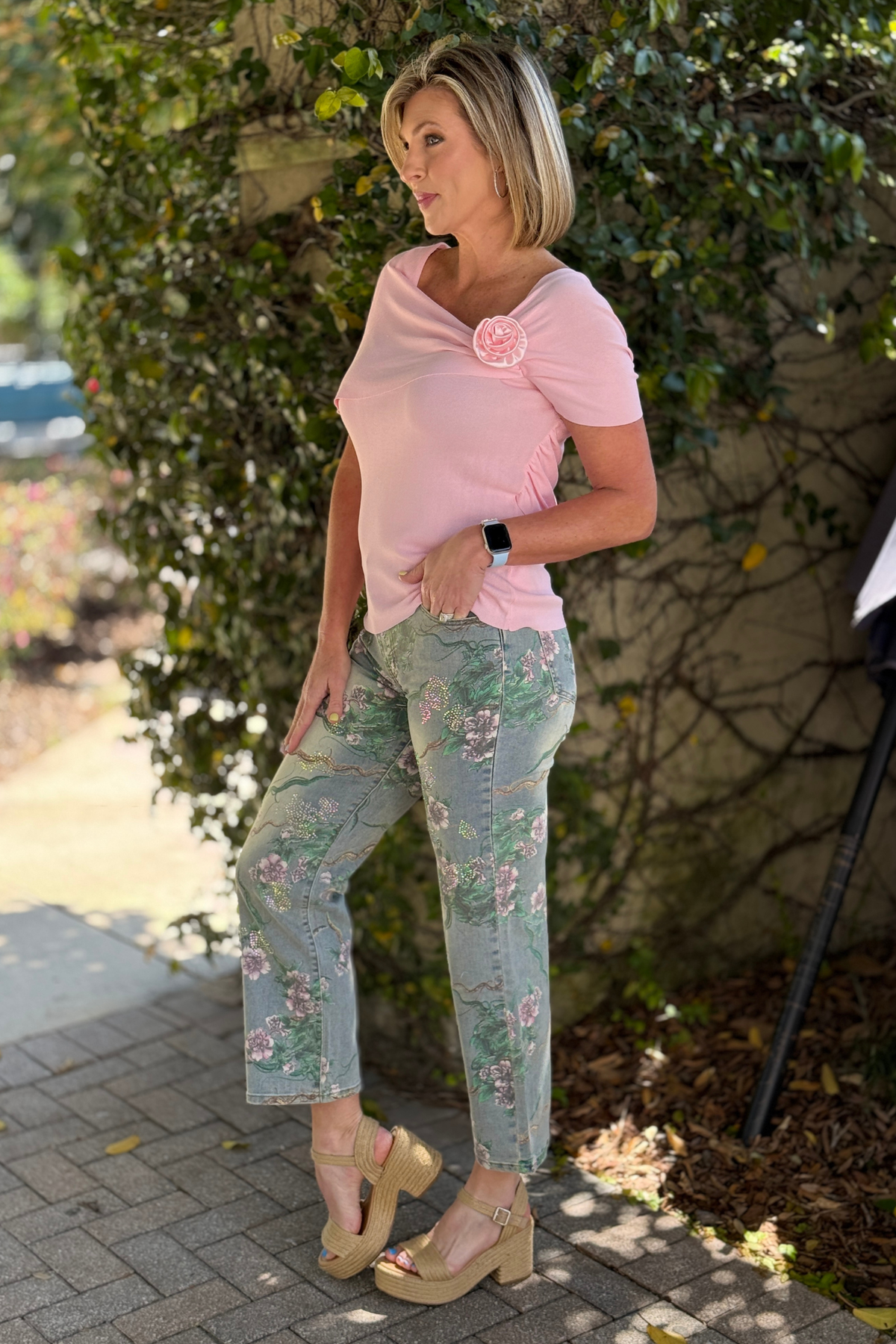 floral rhinestone denim jeans women