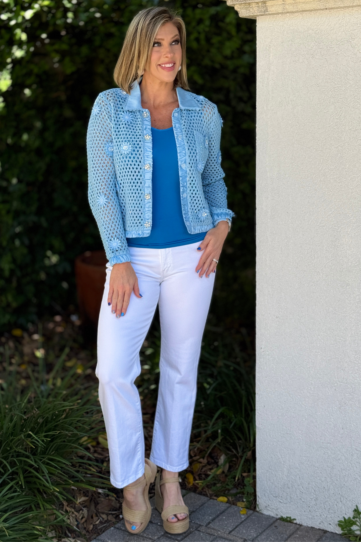 blue boutique jacket over tank top