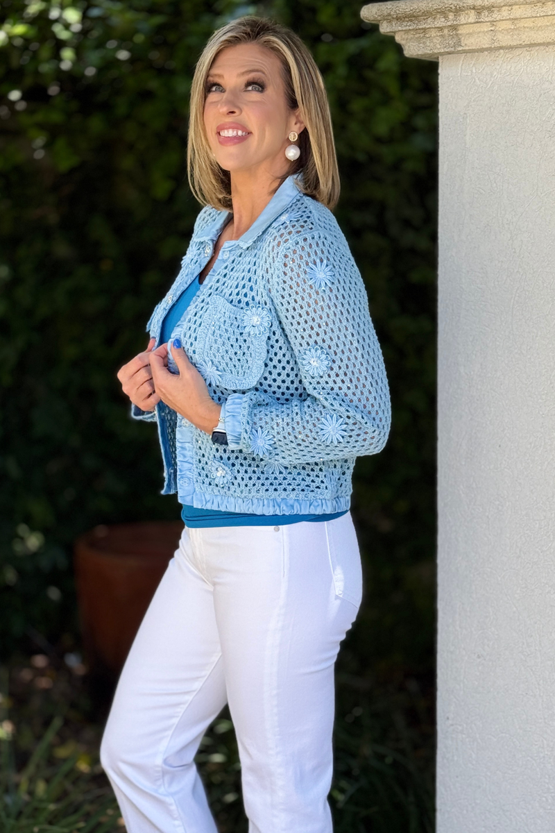 lightweight crochet style jacket detail close up