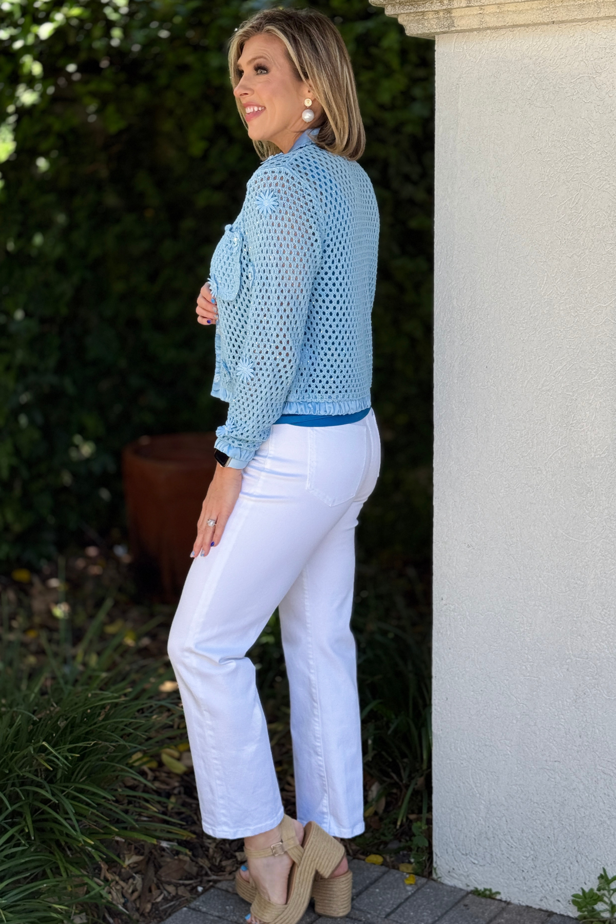 airy mesh jacket outfit styled with white pants