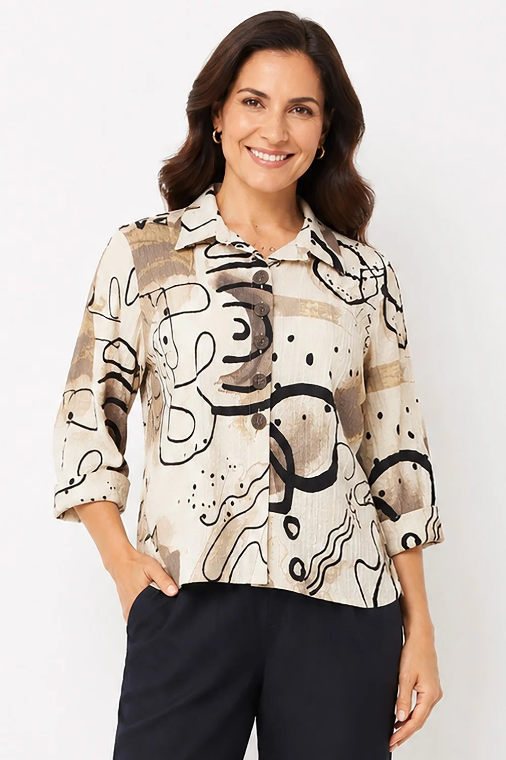 Ali Miles Abstract Print Textured Button-Front Top – Multi