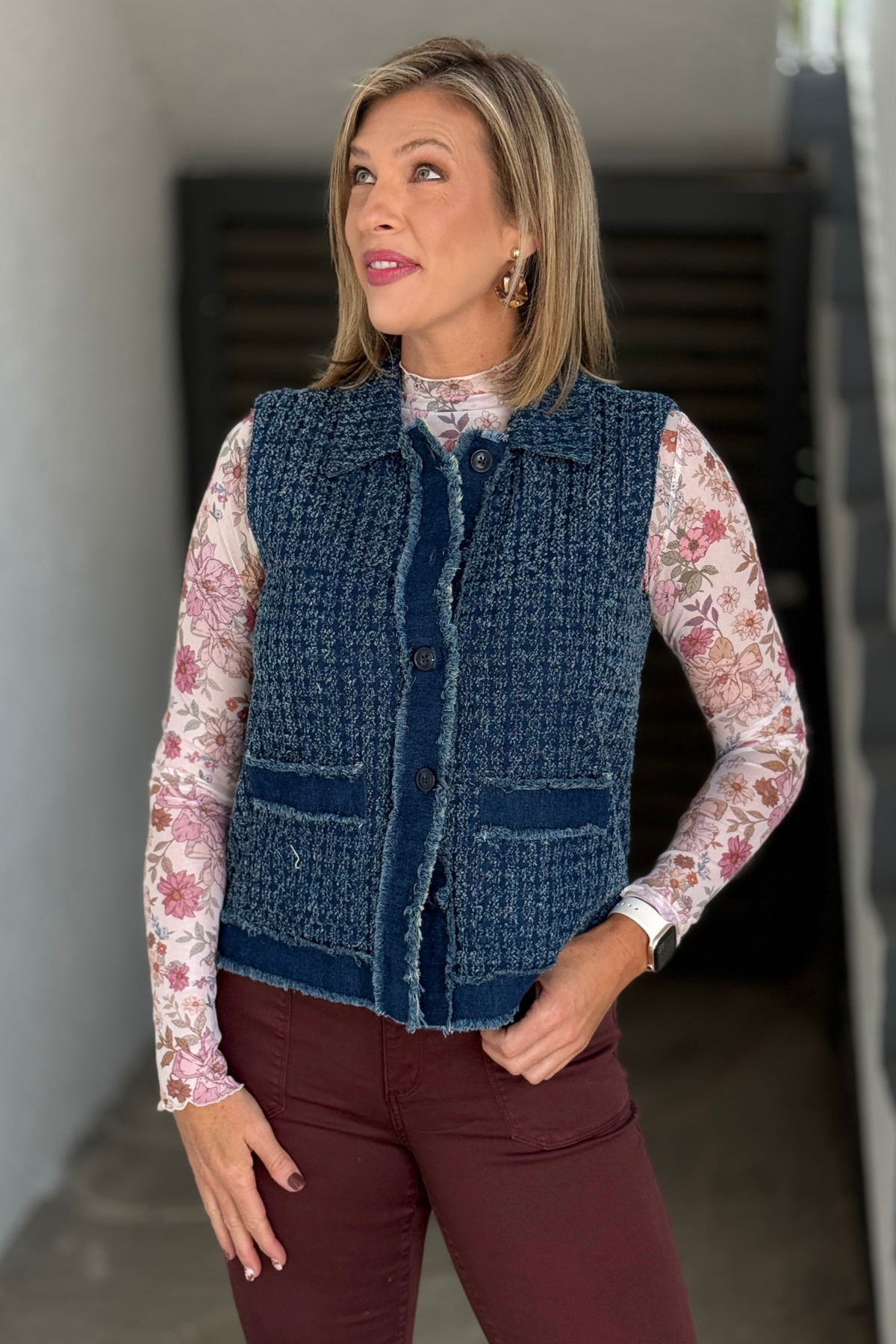 A La Carte Textured Denim Button Front Vest front view