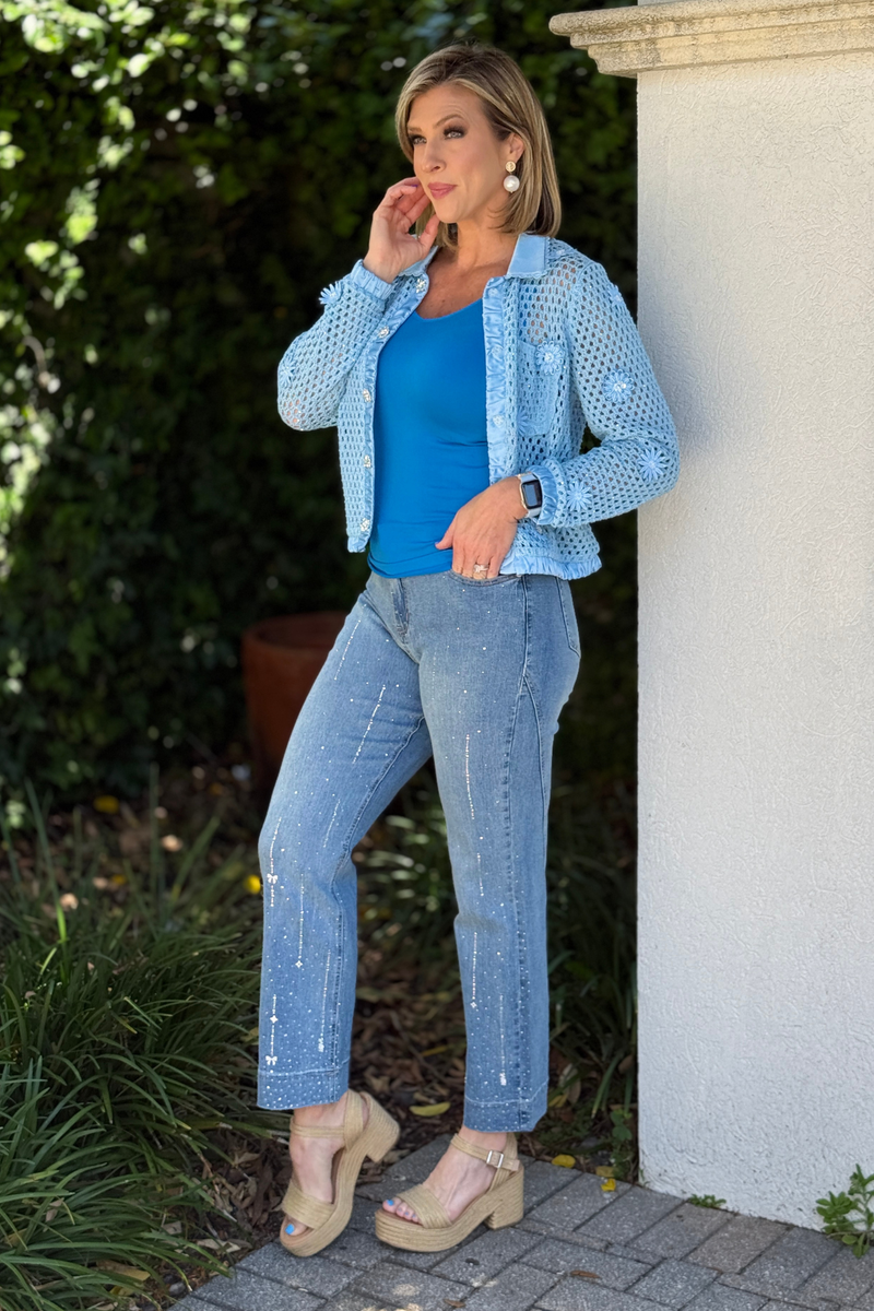 bow detail jeans light wash front view