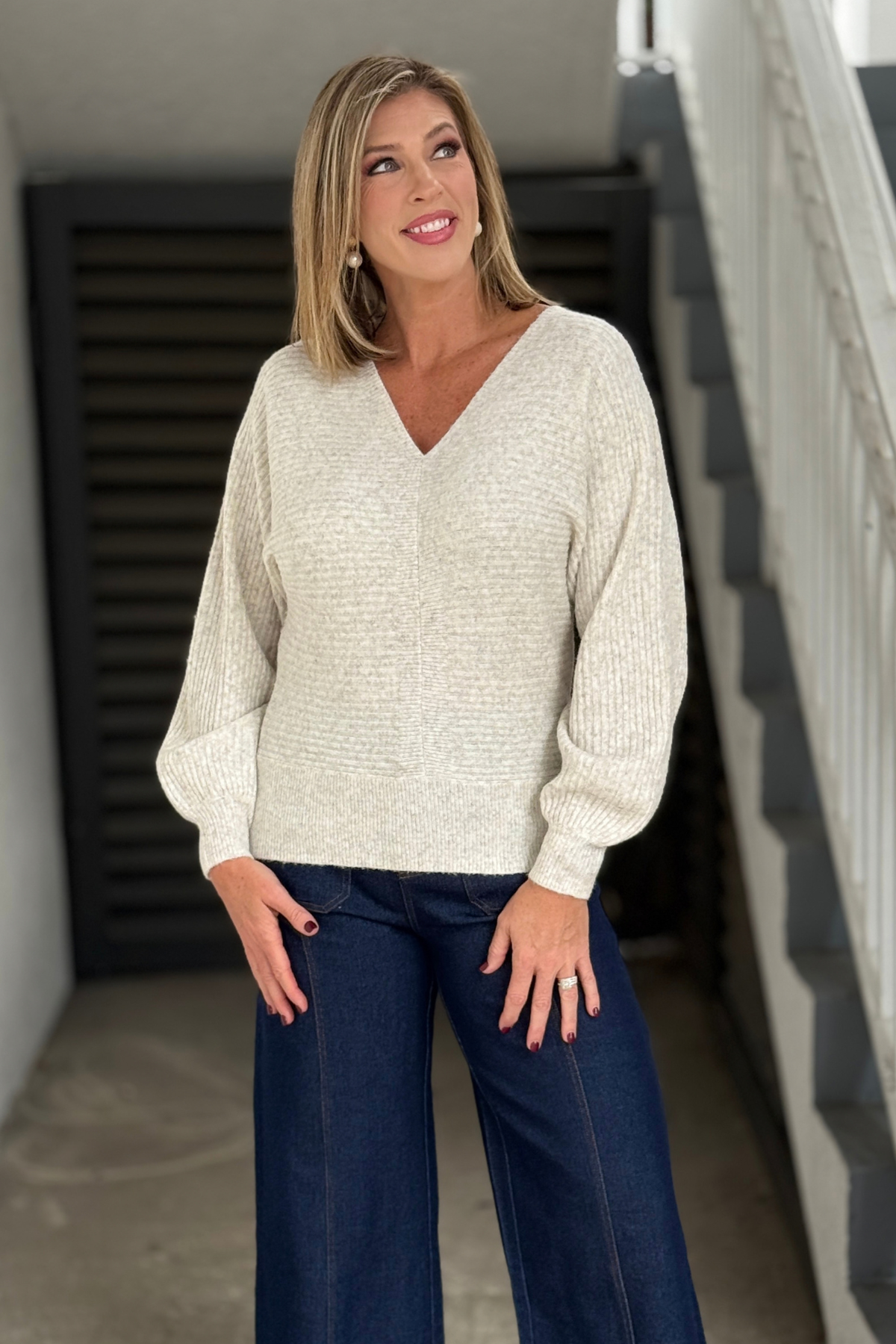 Alison Sheri oatmeal V-neck ribbed pullover sweater
