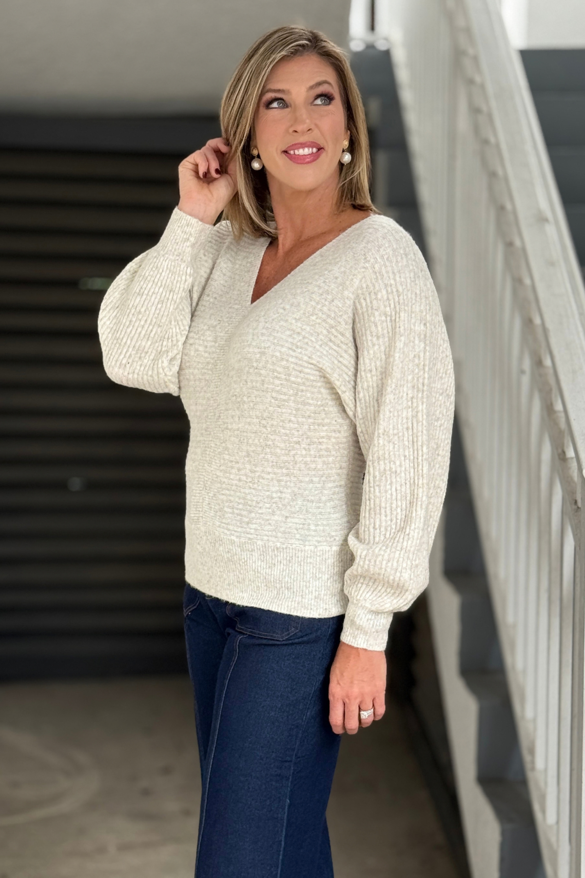 Alison Sheri neutral ribbed V-neck sweater for fall