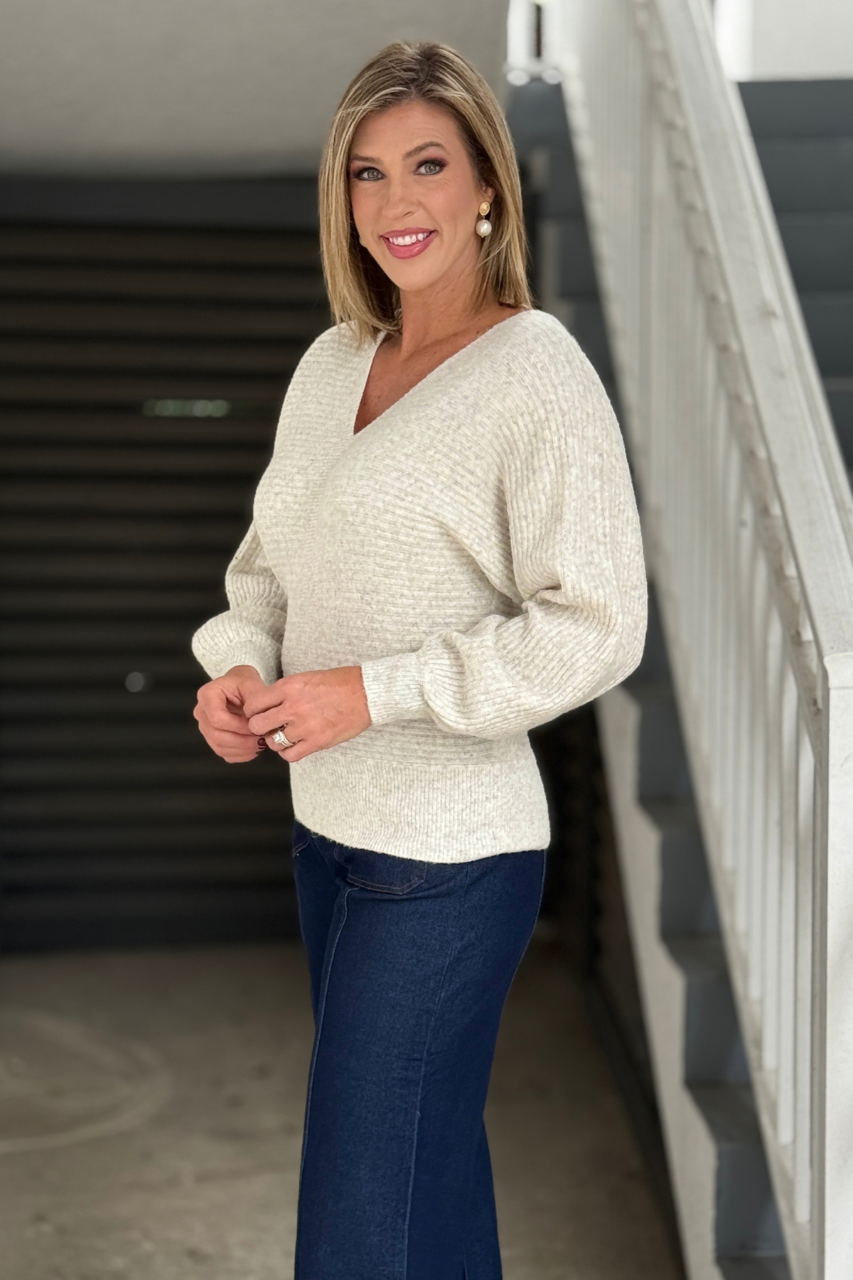 Oatmeal relaxed fit women's knit pullover sweater