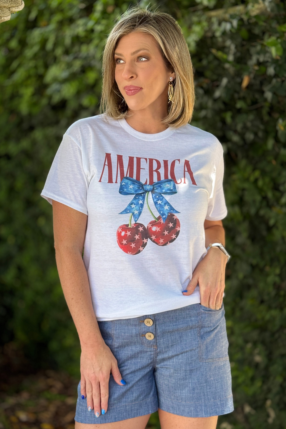 America cherry graphic tee with patriotic bow design